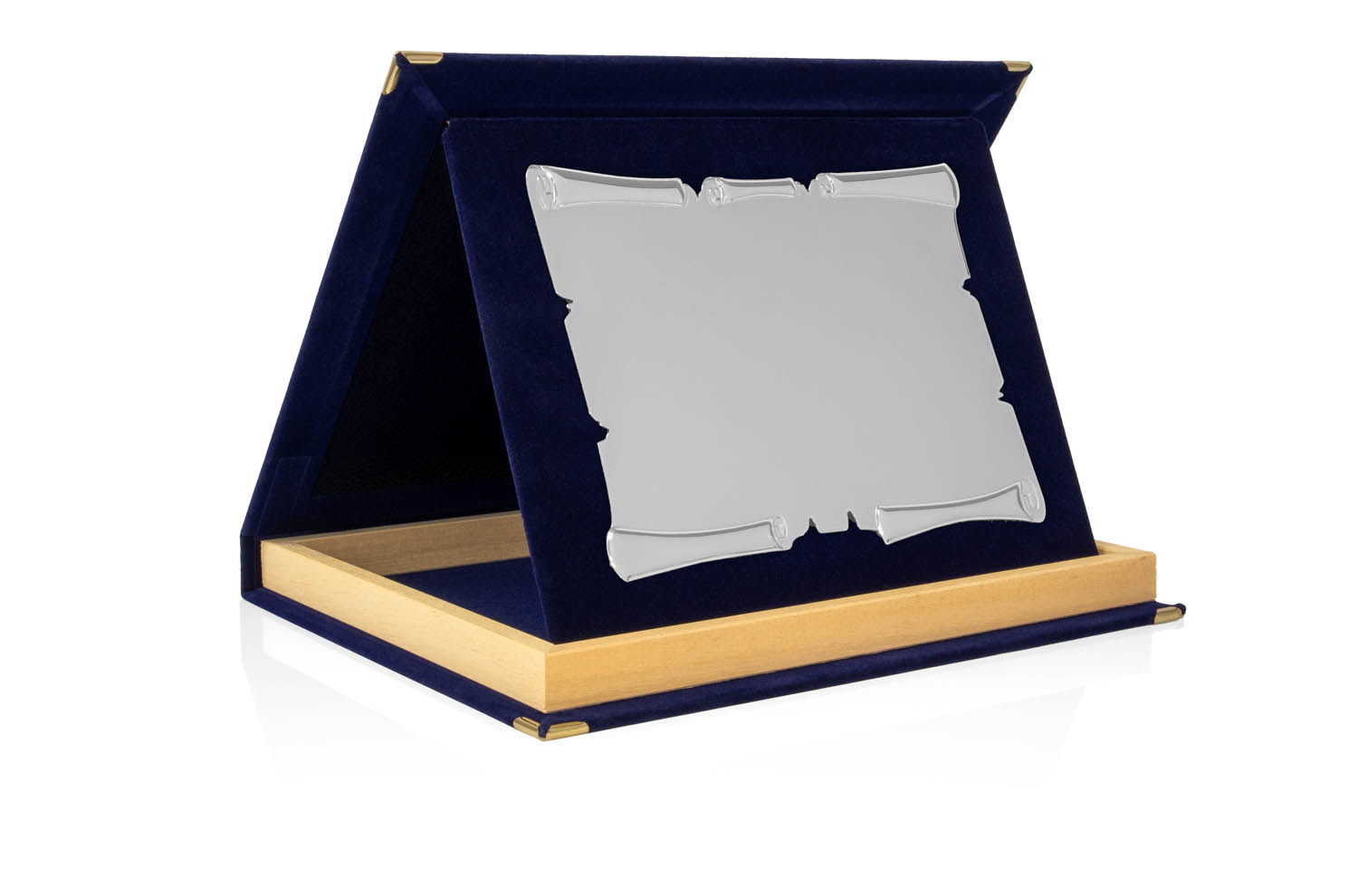 Targa Personalizzata con Astuccio in Velluto Blu con bordino in legno + Pergamena Argento