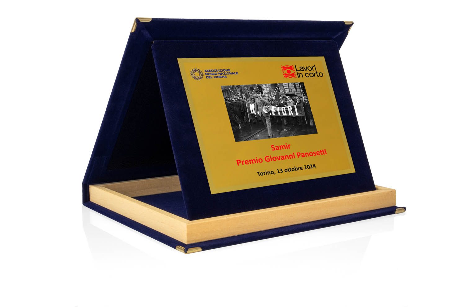 Targa Personalizzata con Astuccio in Velluto Blu con bordino in legno + Targa Oro