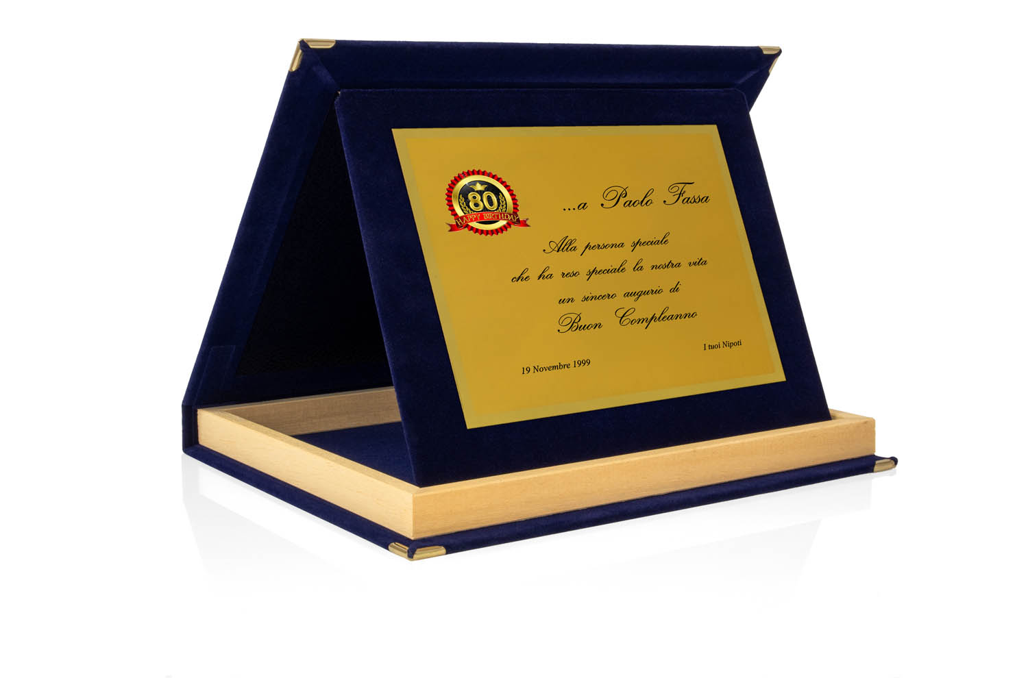 Targa Personalizzata con Astuccio in Velluto Blu con bordino in legno + Targa Oro