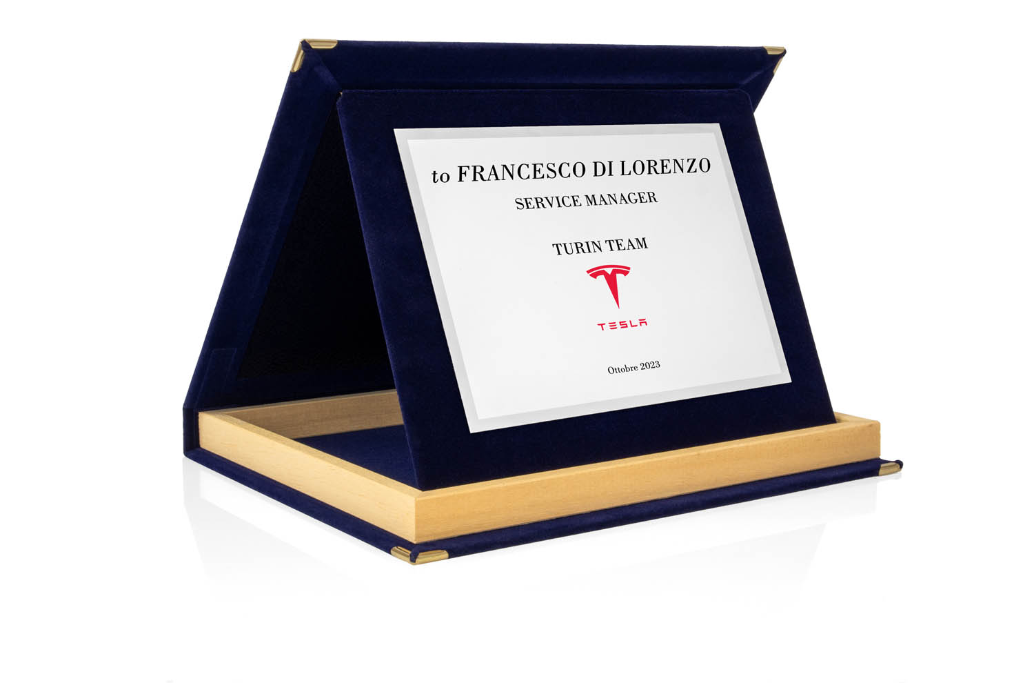 Targa Personalizzata con Astuccio in Velluto Blu con bordino in legno + Targa Argento