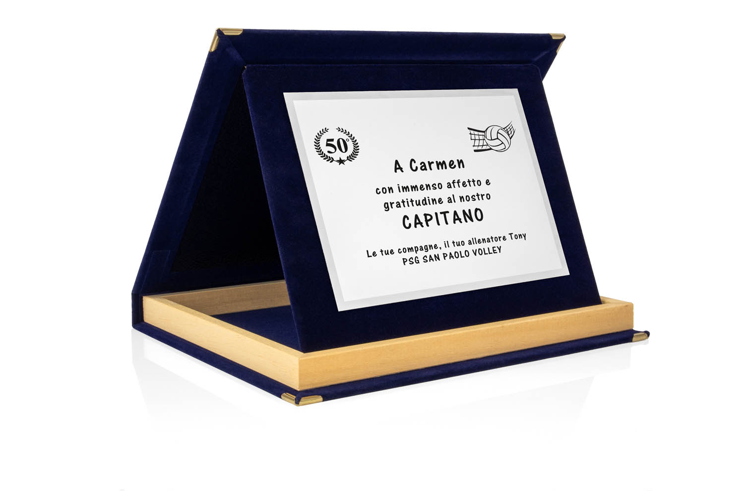 Targa Personalizzata con Astuccio in Velluto Blu con bordino in legno + Targa Argento