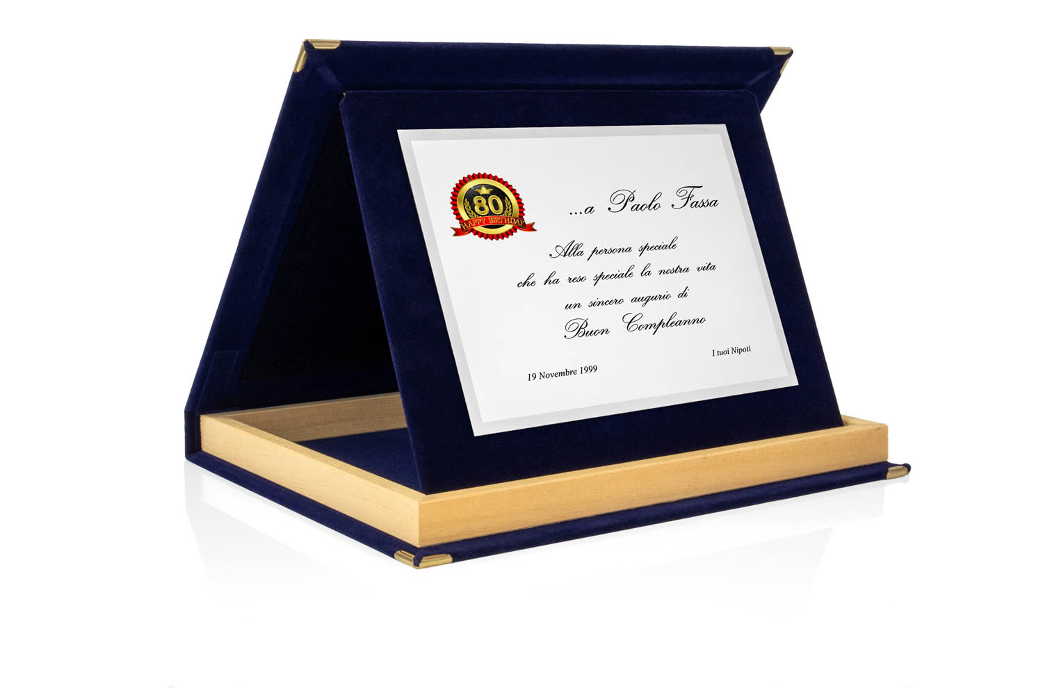 Targa Personalizzata con Astuccio in Velluto Blu con bordino in legno + Targa Argento