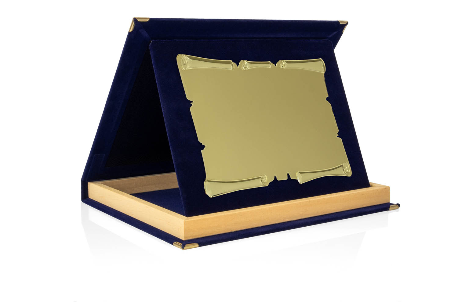 Targa Personalizzata con Astuccio in Velluto Blu con bordino in legno + Pergamena Oro