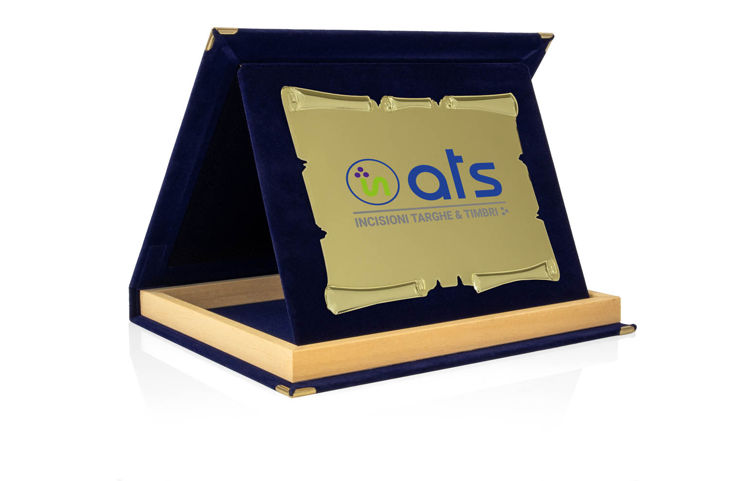 Targa Personalizzata con Astuccio in Velluto Blu con bordino in legno + Pergamena Oro