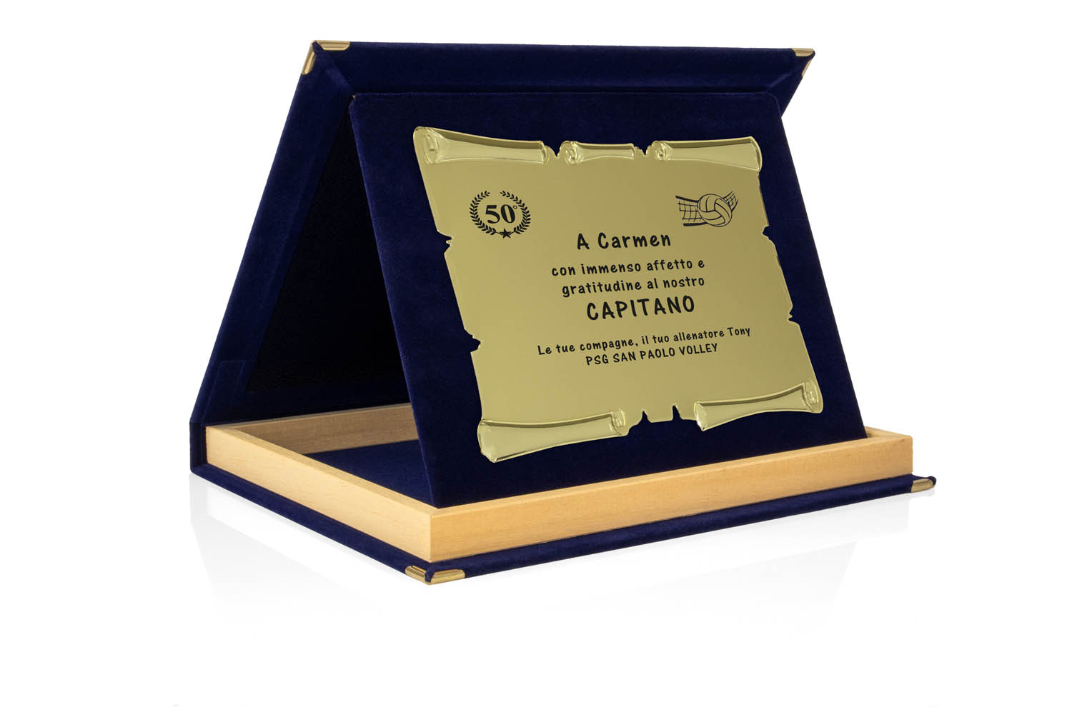 Targa Personalizzata con Astuccio in Velluto Blu con bordino in legno + Pergamena Oro