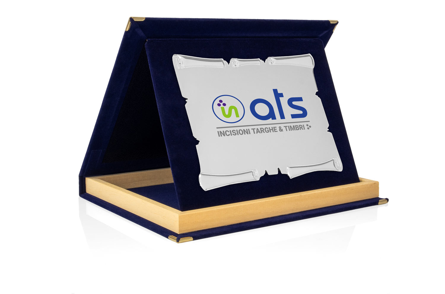 Targa Personalizzata con Astuccio in Velluto Blu con bordino in legno + Pergamena Argento