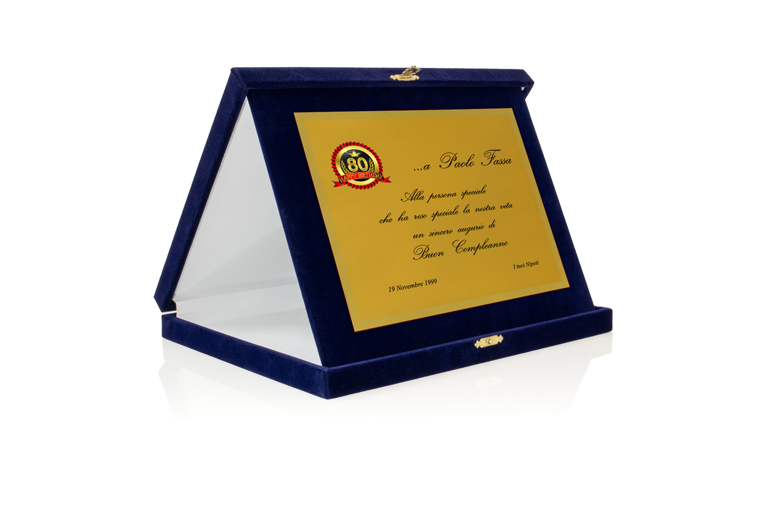 Targa Personalizzata con Astuccio in Velluto blu + Targa oro