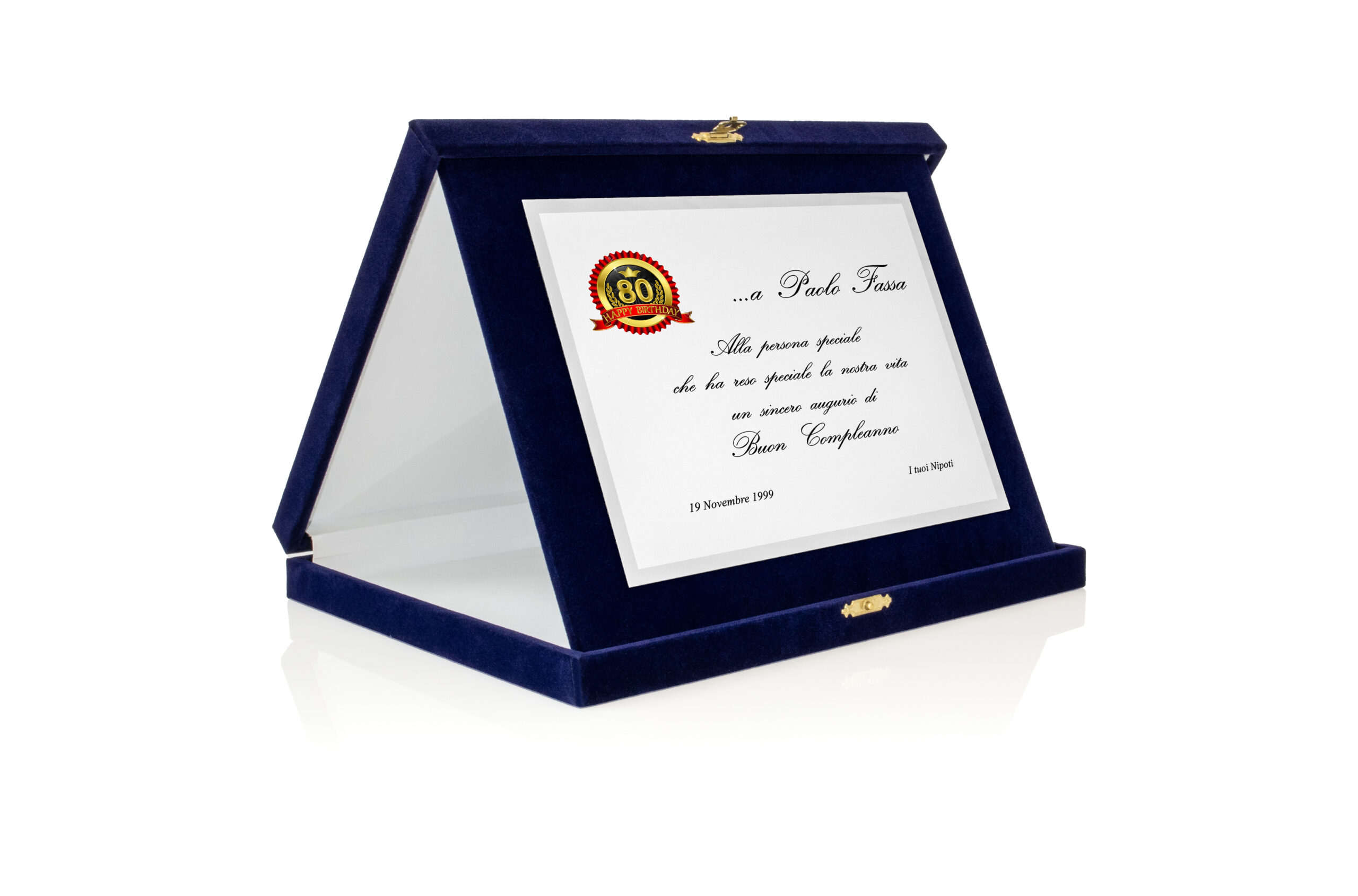 Targa Personalizzata con Astuccio in Velluto blu + Targa argento