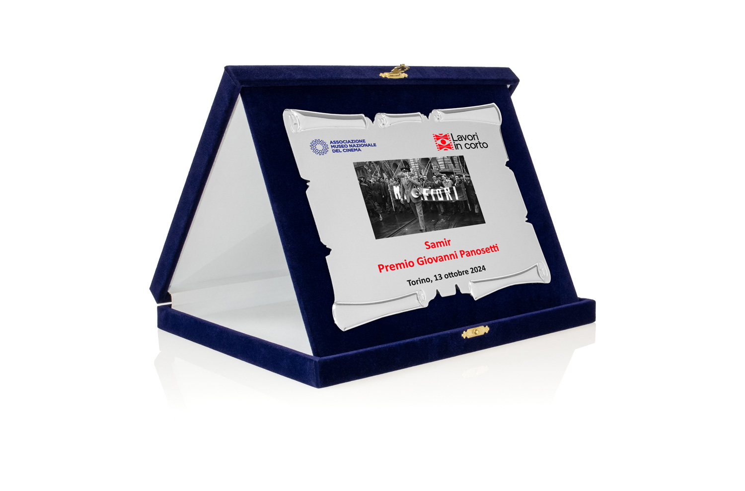 Targa Personalizzata con Astuccio in Velluto blu + Pergamena argento