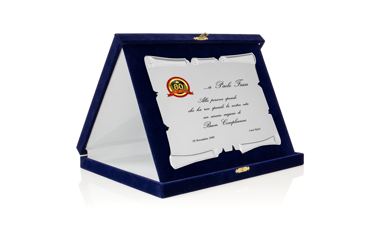 Targa Personalizzata con Astuccio in Velluto blu + Pergamena argento