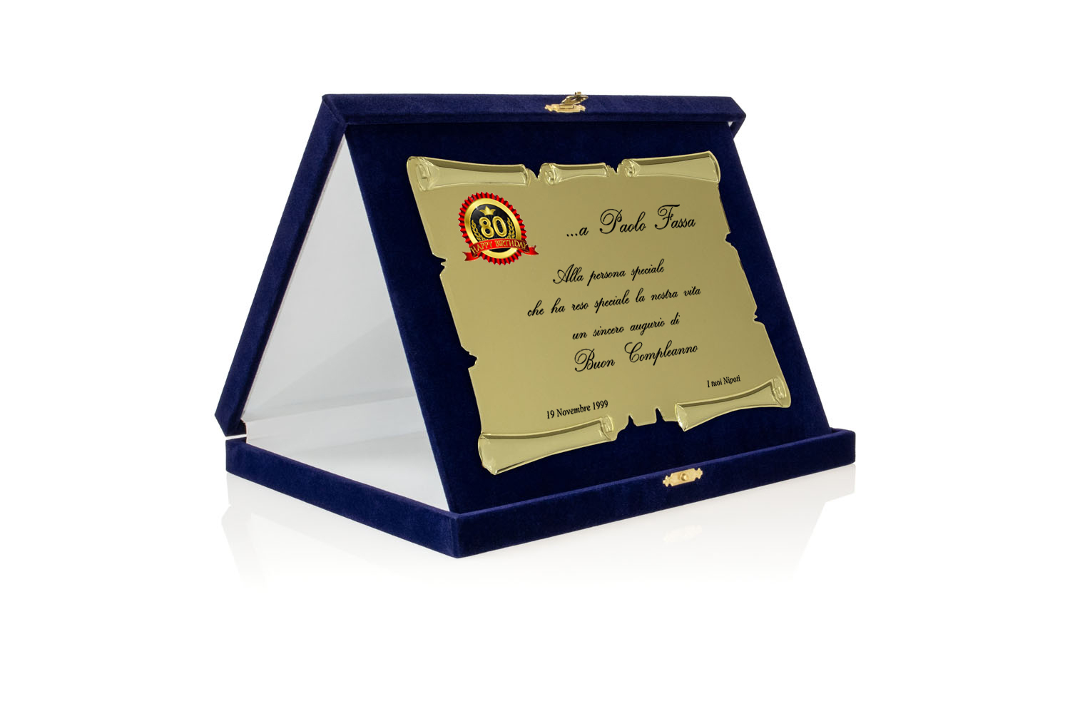 Targa Personalizzata con Astuccio in Velluto blu + Pergamena oro