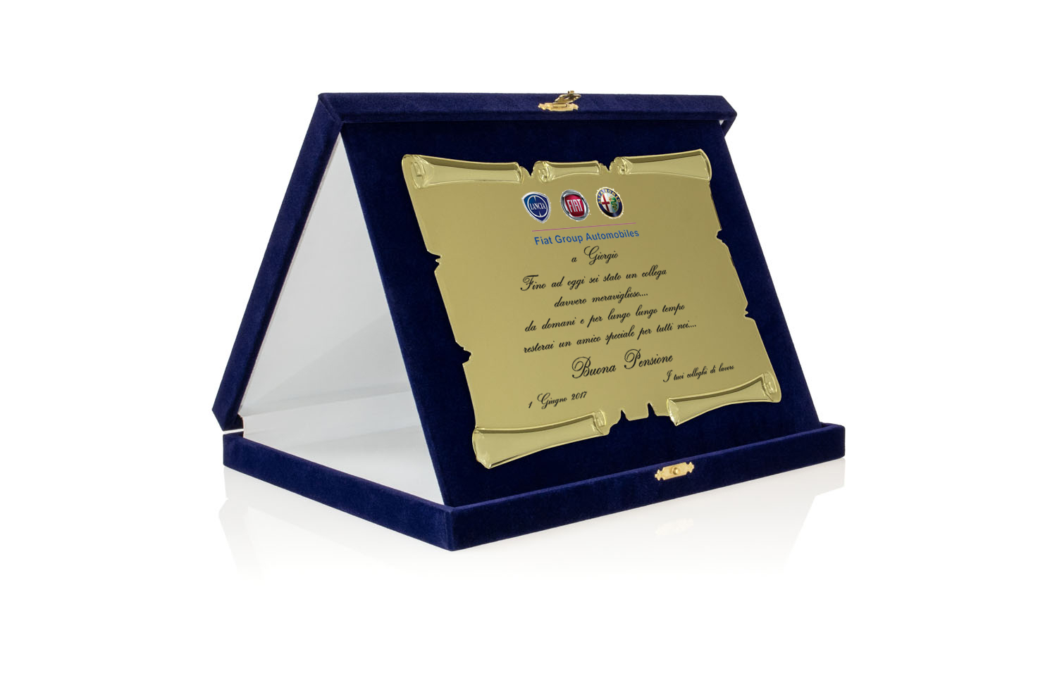 Targa Personalizzata con Astuccio in Velluto blu + Pergamena oro