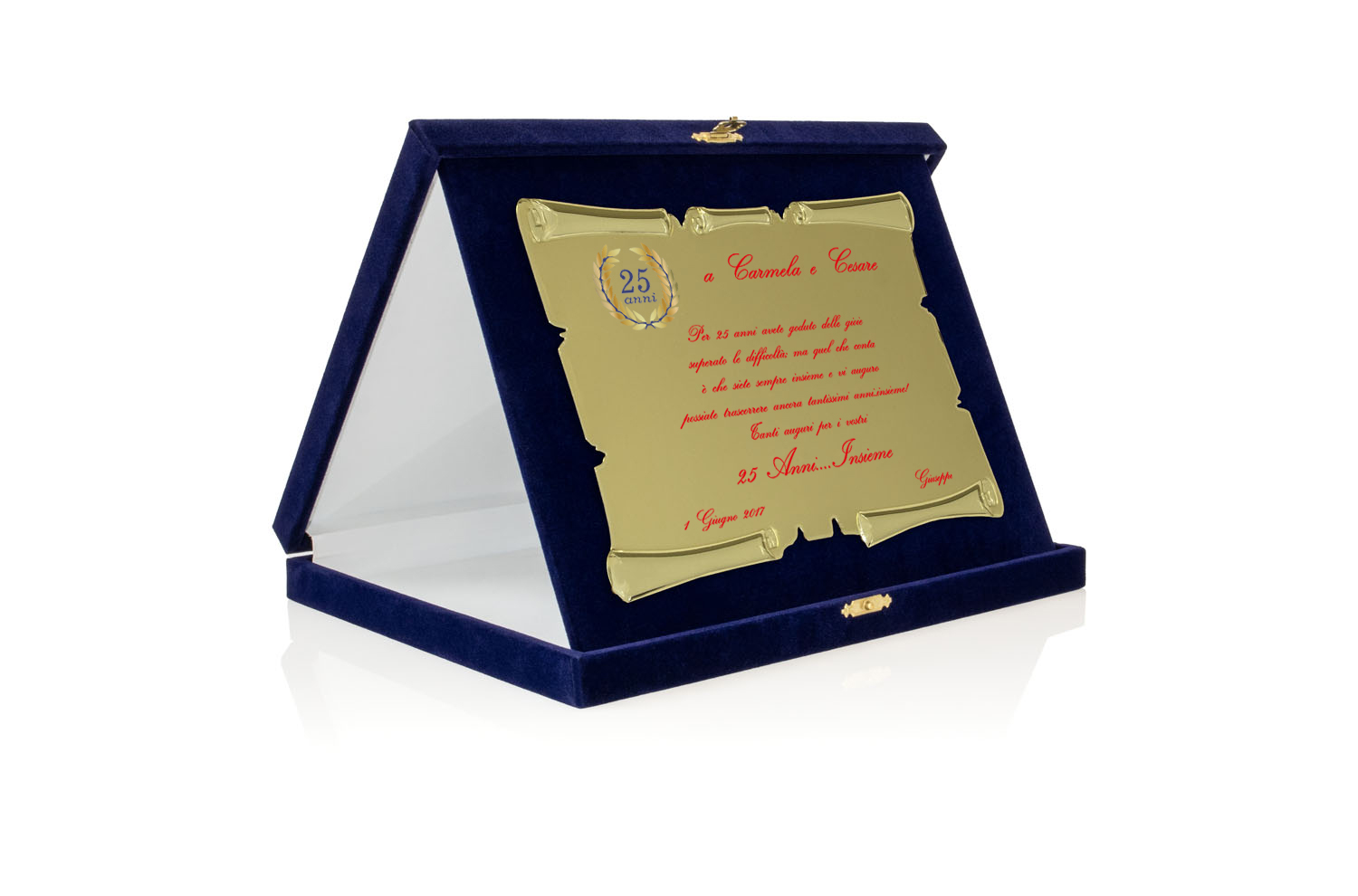 Targa Personalizzata con Astuccio in Velluto blu + Pergamena oro