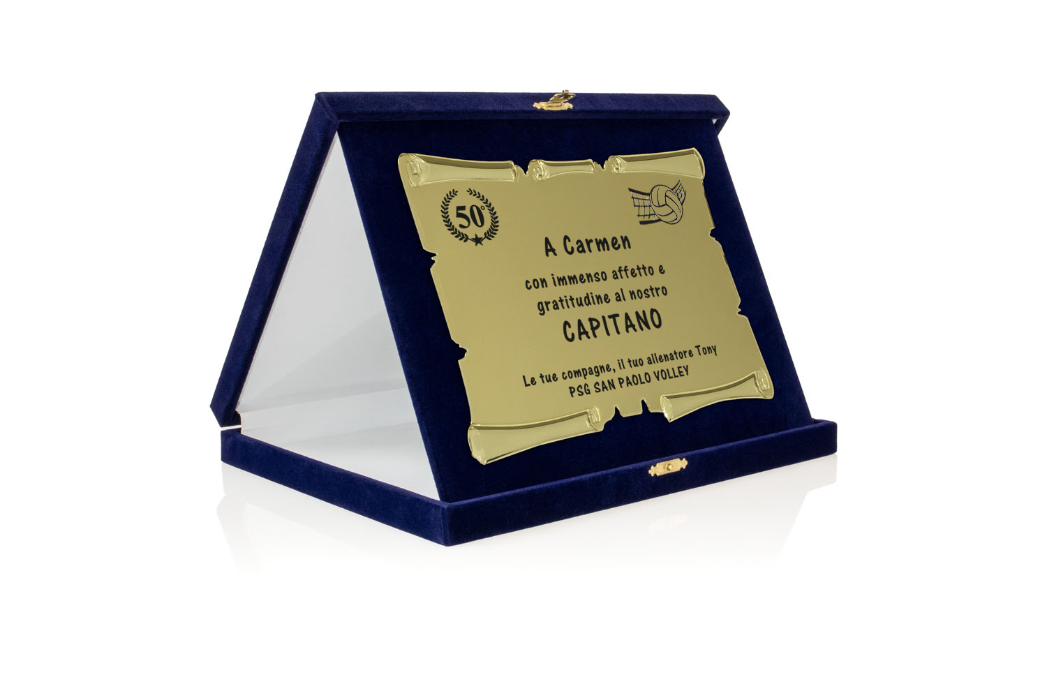 Targa Personalizzata con Astuccio in Velluto blu + Pergamena oro