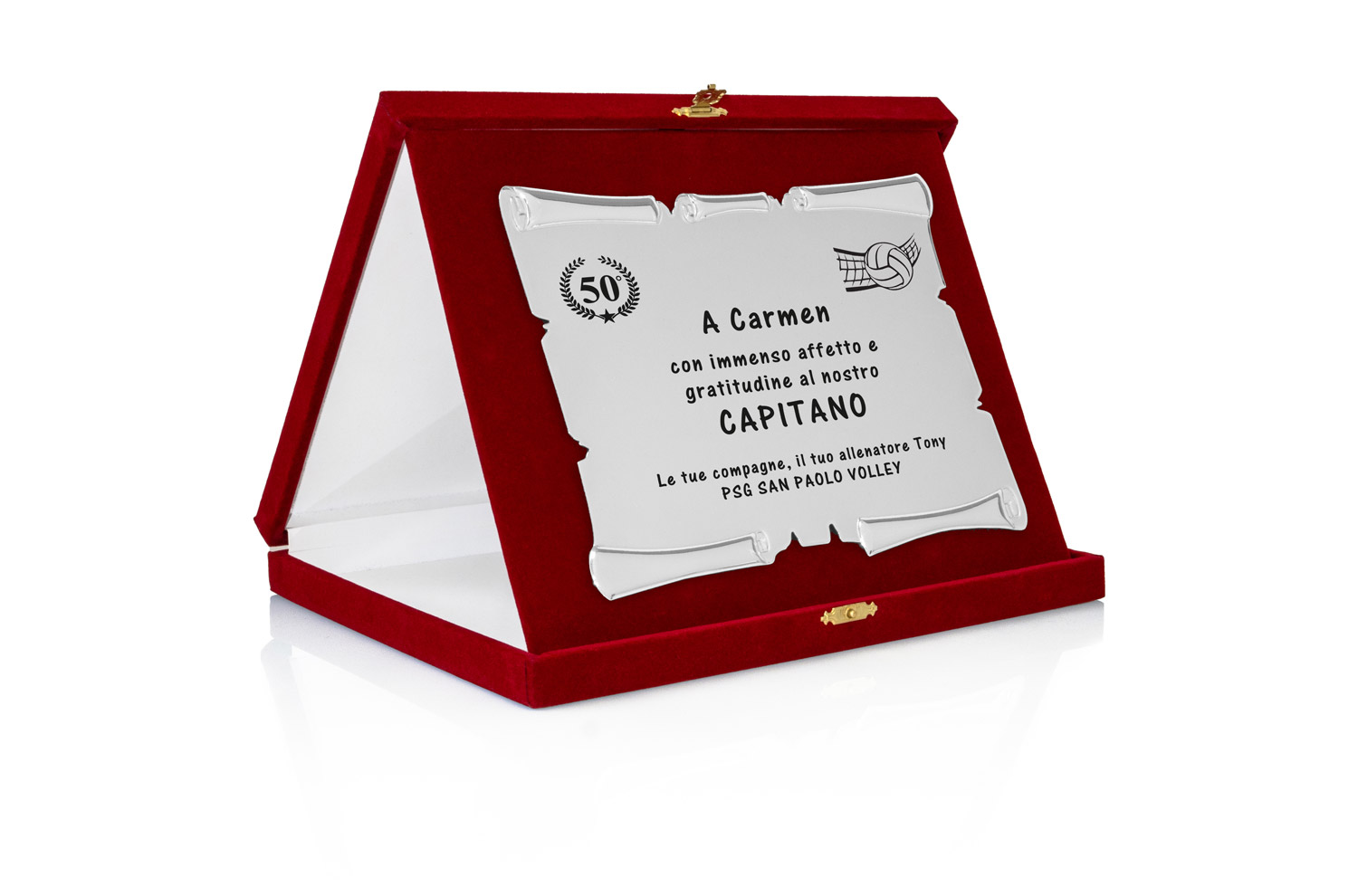 Targa Personalizzata con Astuccio in Velluto Rosso + Pergamena Argento