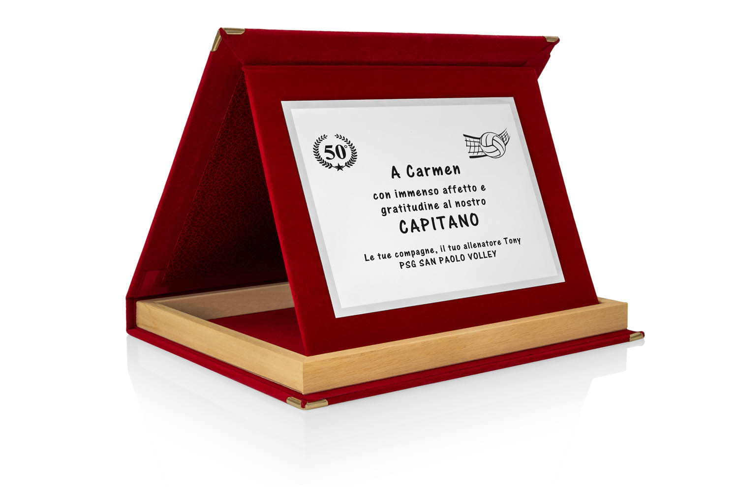 Targa Personalizzata con Astuccio in Velluto Rosso con bordino in legno + Targa Argento