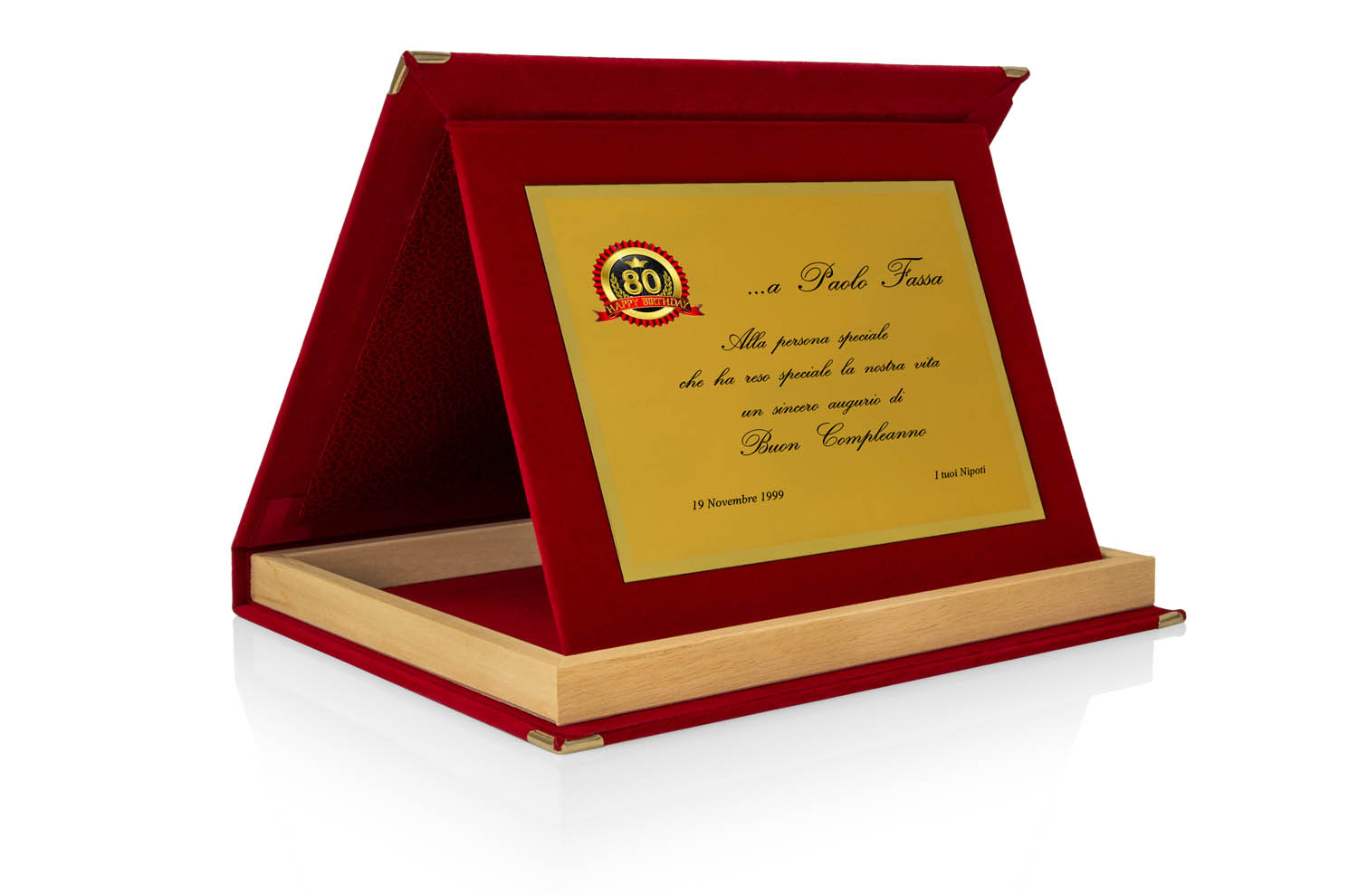 Targa Personalizzata con Astuccio in Velluto Rosso con bordino in legno + Targa Oro