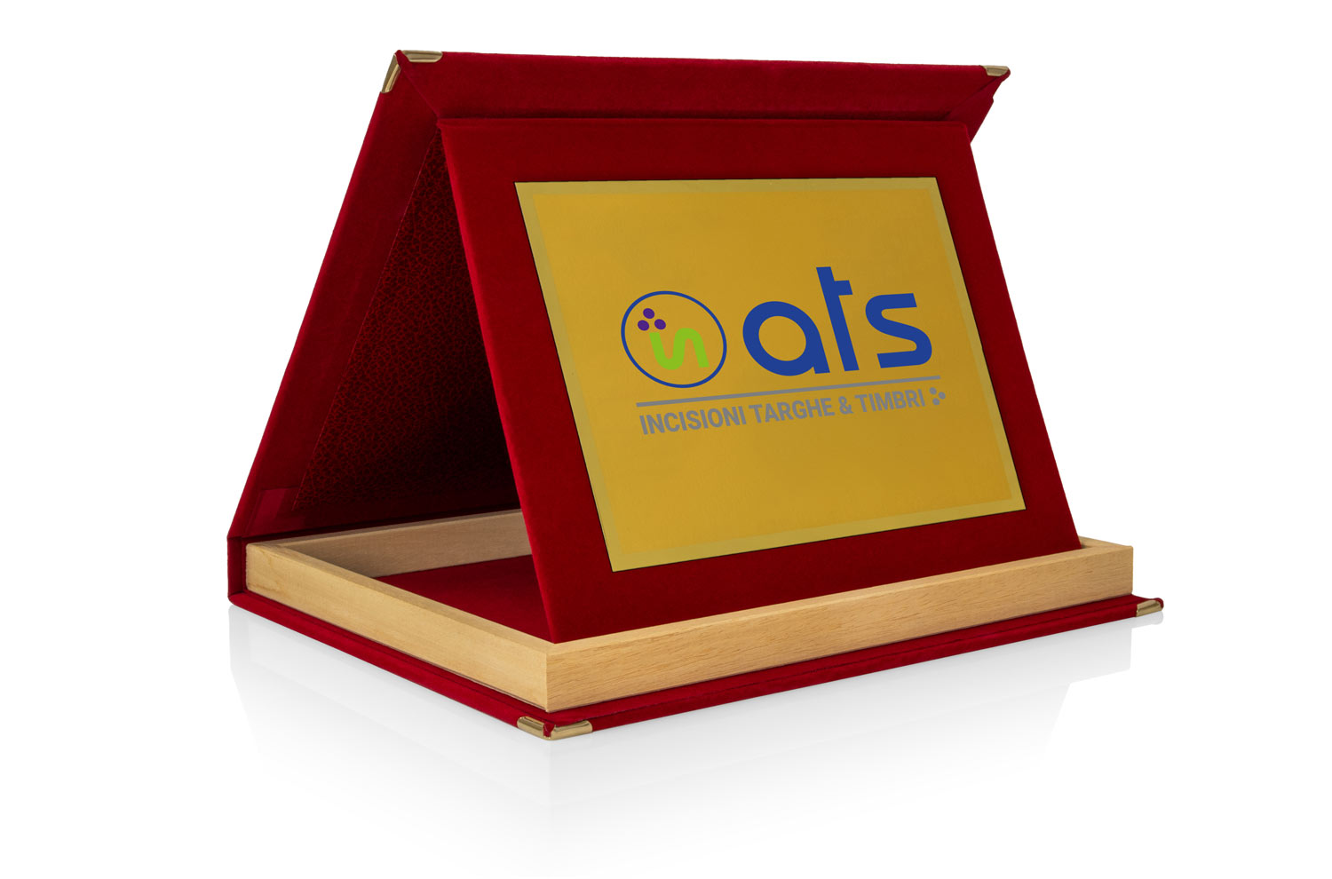 Targa Personalizzata con Astuccio in Velluto Rosso con bordino in legno + Targa Oro