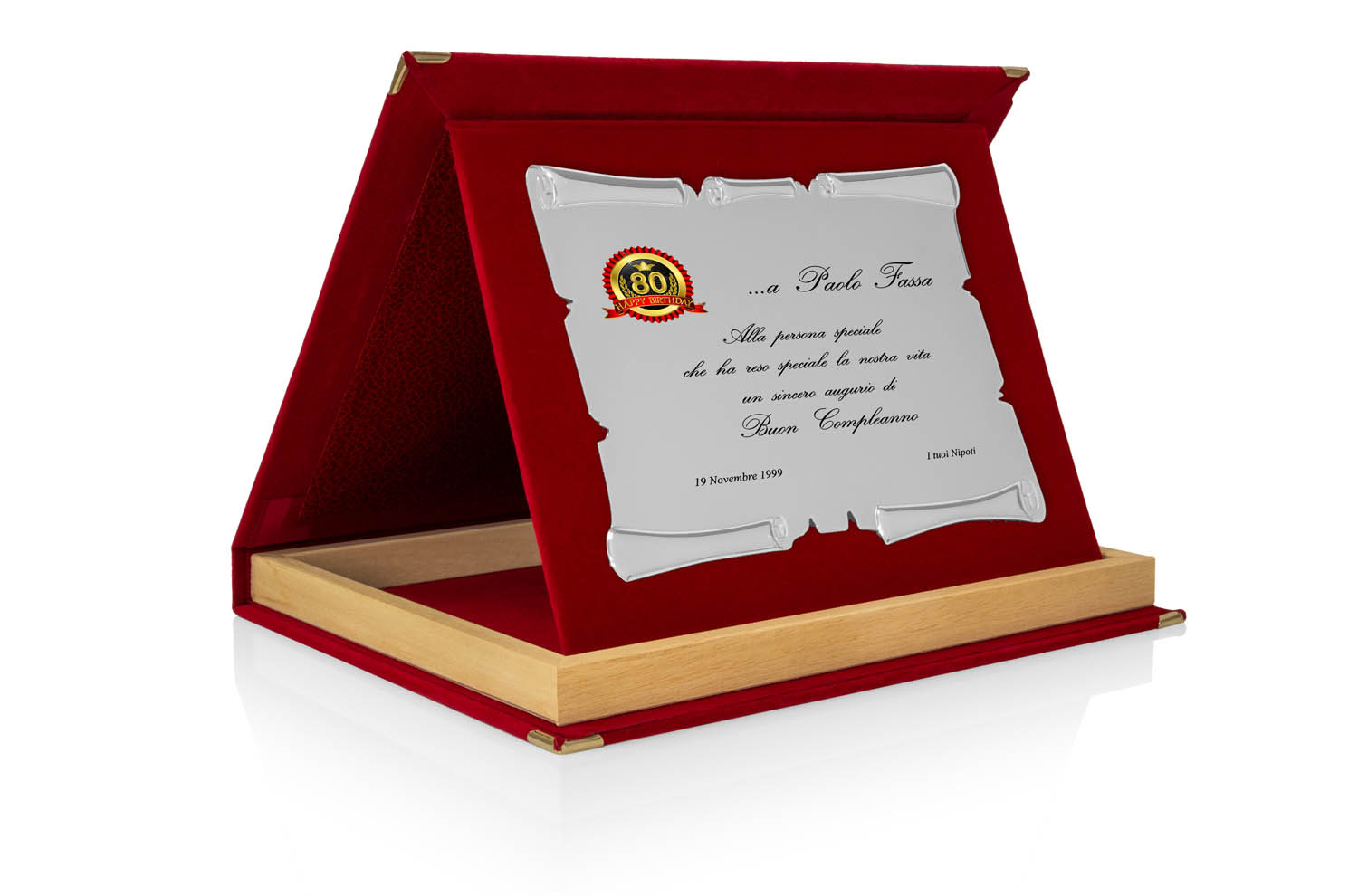 Targa Personalizzata con Astuccio in Velluto Rosso con bordino in legno + Pergamena Argento